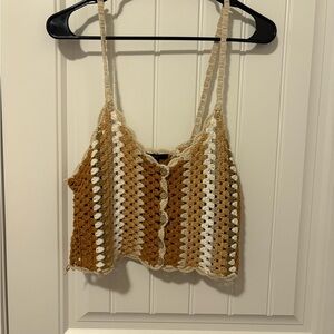 60s Vibes Crochet Striped Tank Top - Brown and Cream